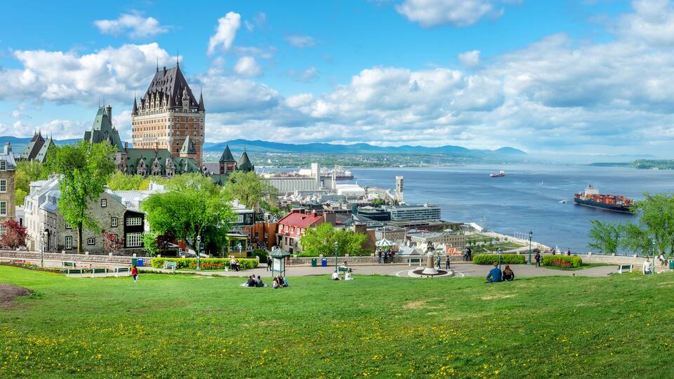 Panorama of Quebec City old town with Chateau Frontenac and St Lawrence river