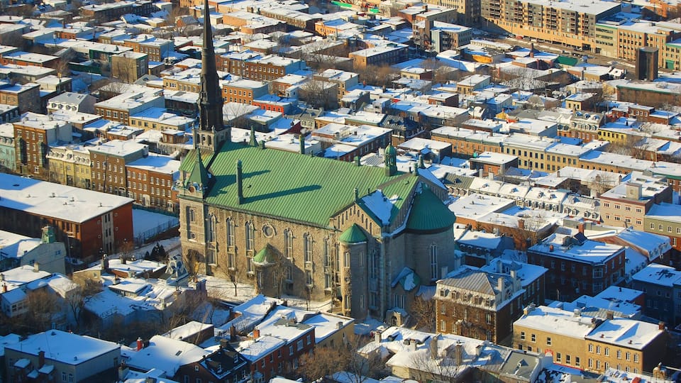 Saint-Jean-Baptiste Church in winter, Quebec, Canada. Historic District of Quebec City is UNESCO World Heritage Site since 1985.