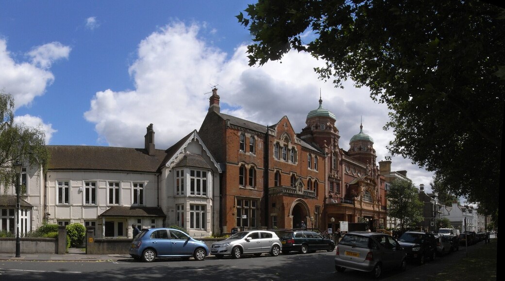 North-east corner of Little Green, Richmond, London. The church building has been converted into apartments. Richmond Theatre is on the right. Panorama from 6 photos.