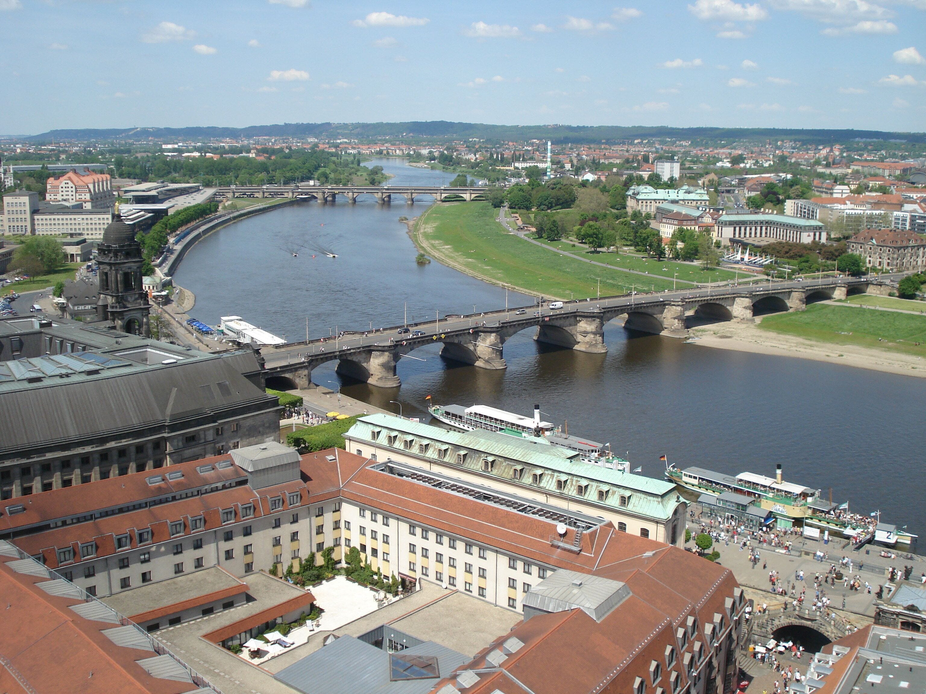 View from the Frauenkirche onto the Augustusbrücke over the Elbe in Dresden