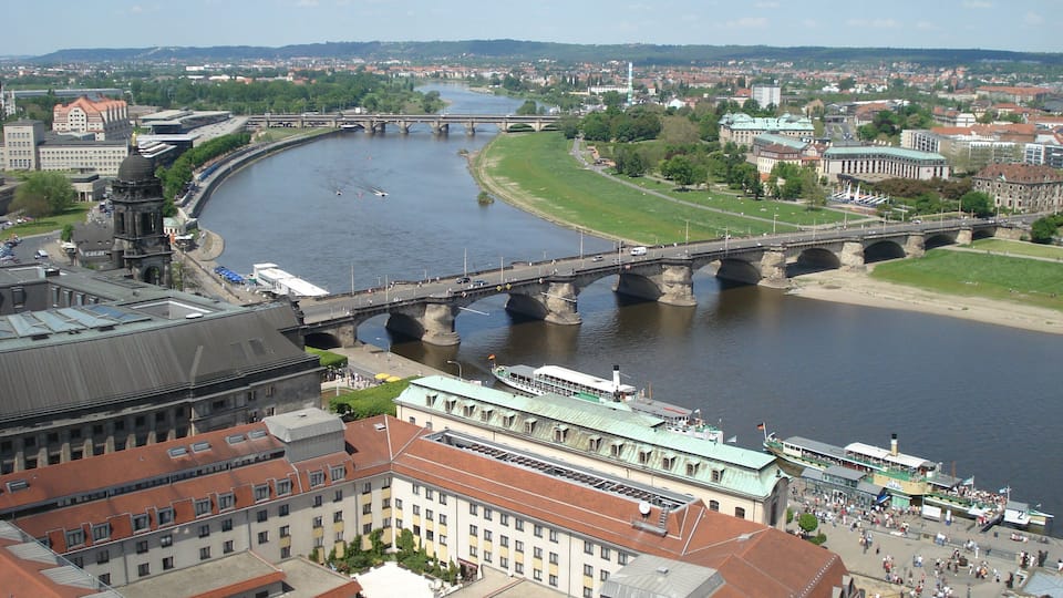 View from the Frauenkirche onto the Augustusbrücke over the Elbe in Dresden