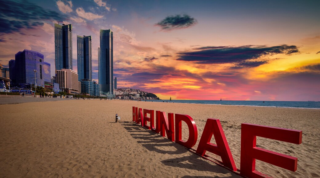 Haeundae beach with busan city at sunset on Busan, South Korea.Haeundae beach with busan city at sunset on Busan, South Korea.