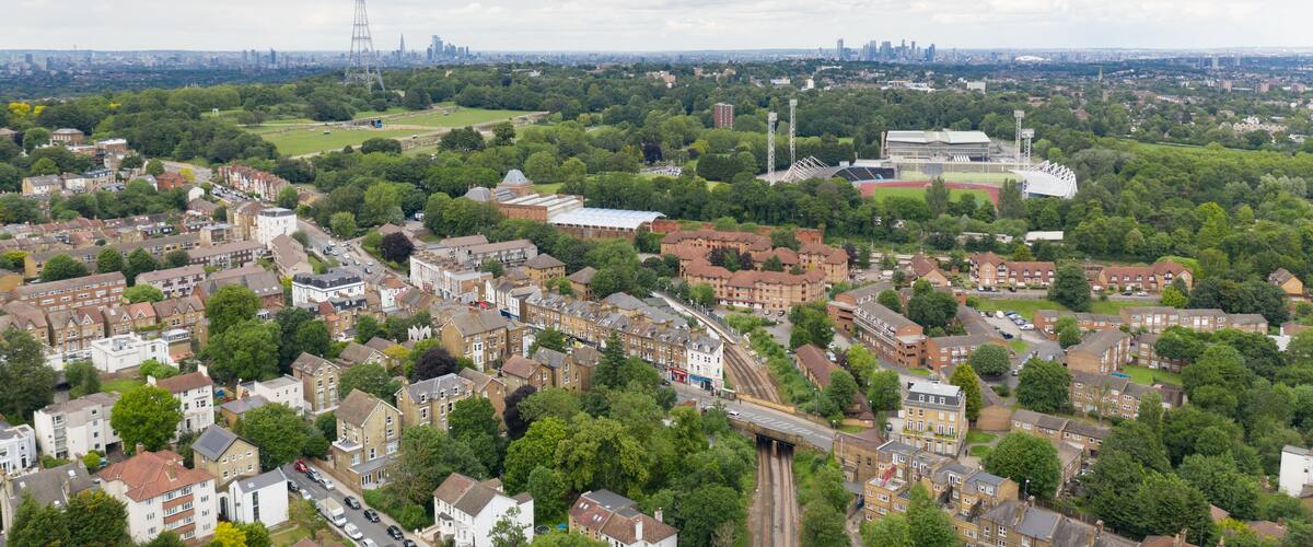 Crystal Palace London, UK. Beautiful park, cloudy sky with huge radio tower
