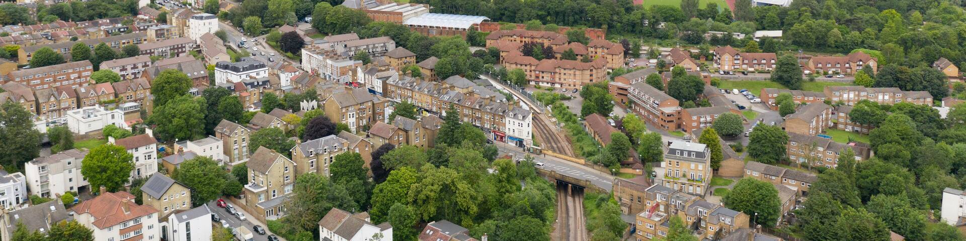 Crystal Palace London, UK. Beautiful park, cloudy sky with huge radio tower