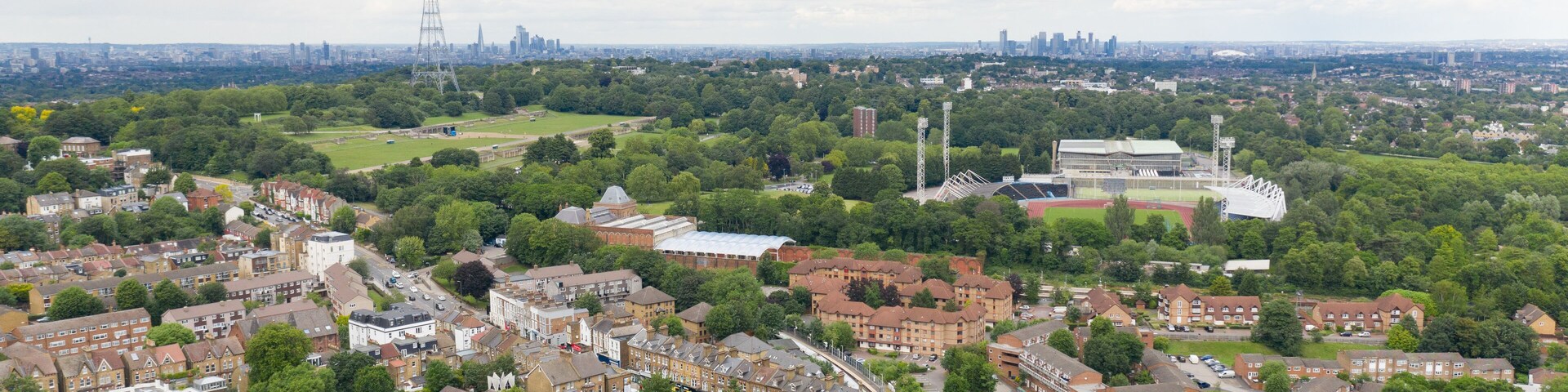 Crystal Palace London, UK. Beautiful park, cloudy sky with huge radio tower