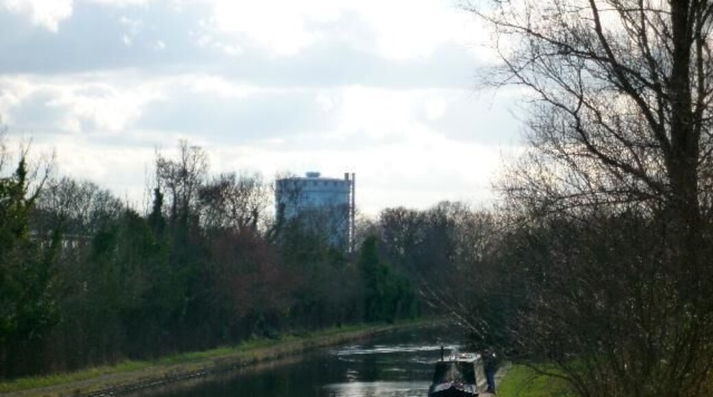 Southall gasometer from the canal bridge close to the Willowtree Marina, Yeading
