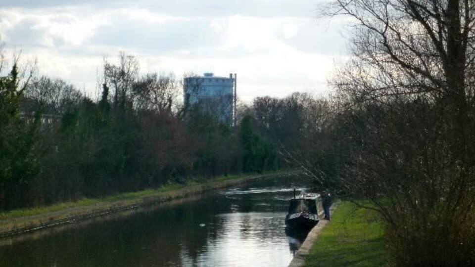 Southall gasometer from the canal bridge close to the Willowtree Marina, Yeading