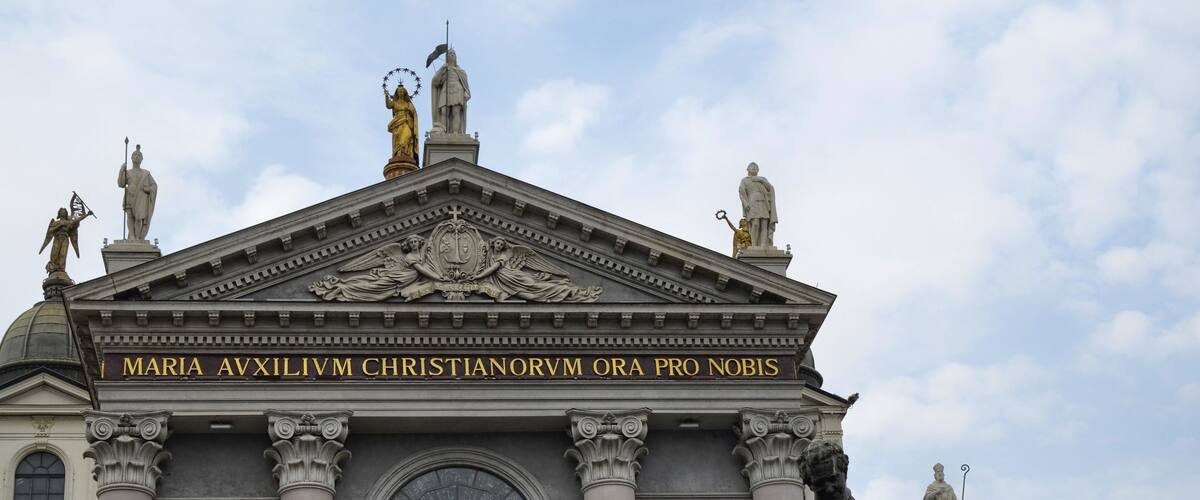Turin, Italy, Piedmont April 08 2018. The façade of the Basilica of Mary Help of Christians. Sanctuary erected by St. John Bosco as a monument of gratitude to the Virgin Mary, with title AUSILIATRICE