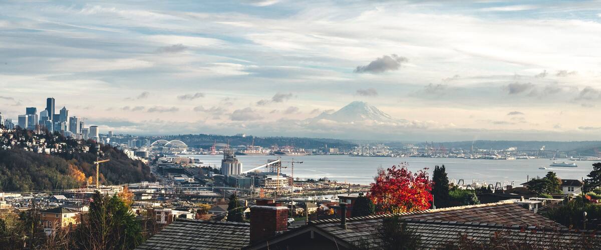 Fall Season Panorama of Elliot Bay Seattle from Magnolia Neighborhoods with Mt Rainier