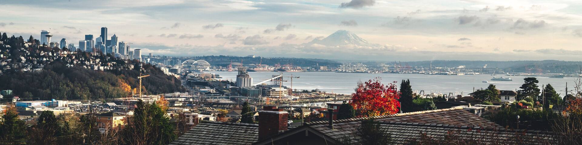 Fall Season Panorama of Elliot Bay Seattle from Magnolia Neighborhoods with Mt Rainier
