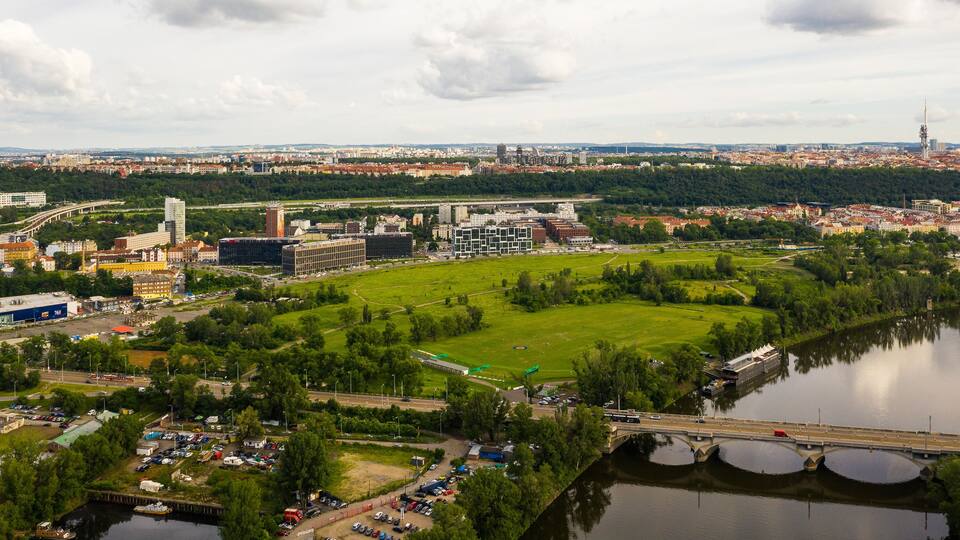 Aerial view of the Liben Bridge in Prague. Connection of Holesovice and Palmovka. In the background is Vitkov.