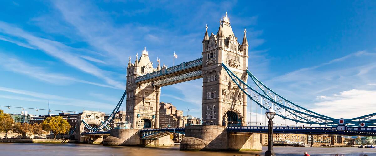 Tower Bridge in London, UK, United Kingdom. Web banner in panoramic view.