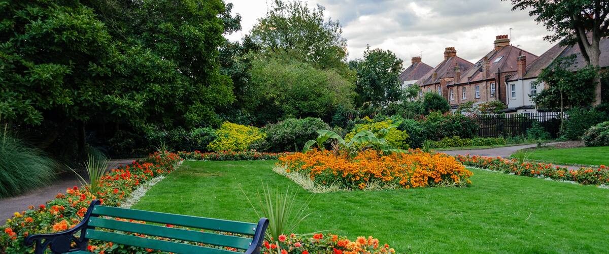 view of the park trees and flower beds with flowers