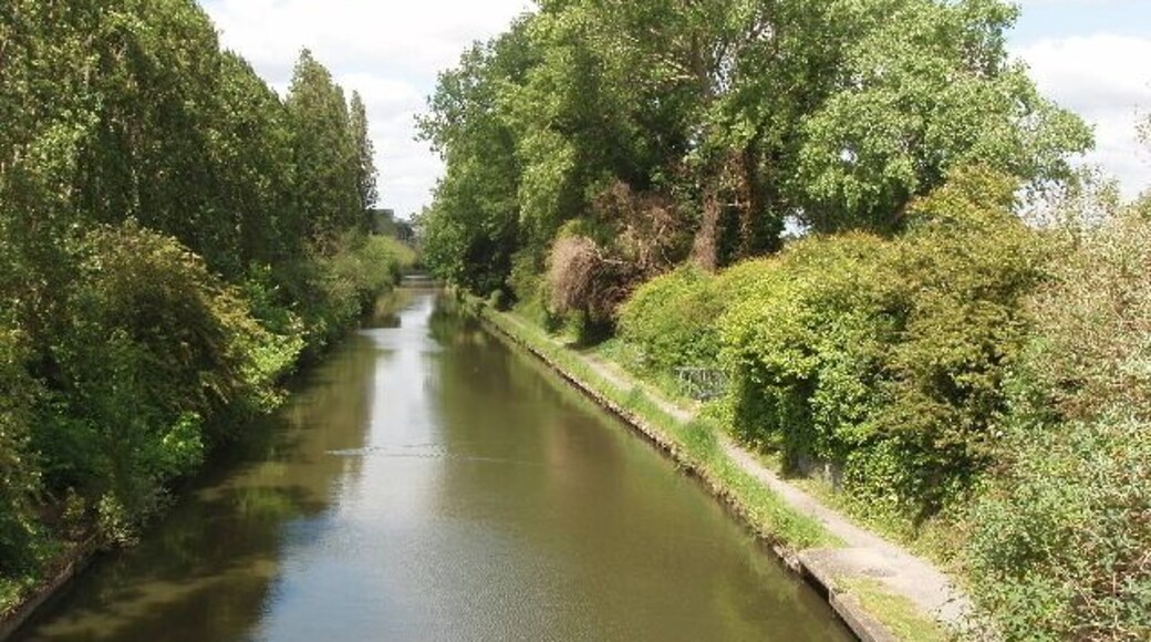 Grand Union Canal west of bridge 199 Warnford Industrial Estate is hidden behind the trees on the left.