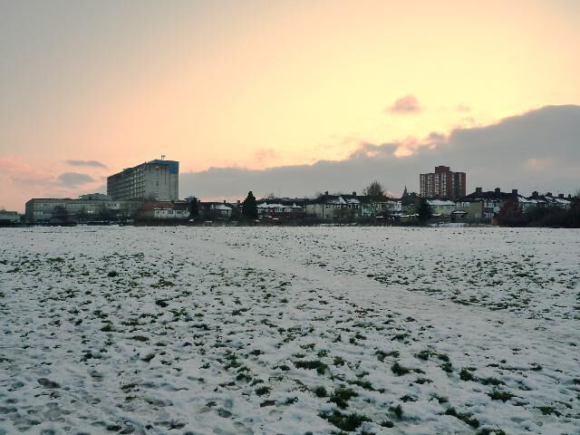 Brent Meadow (snow scene) Ealing Hospital is in the background.