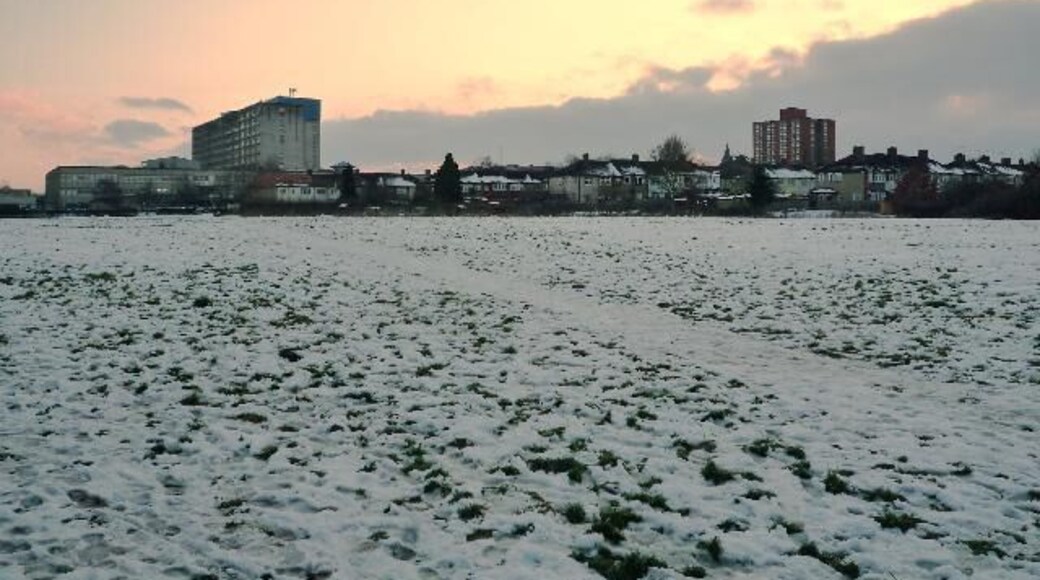 Brent Meadow (snow scene) Ealing Hospital is in the background.