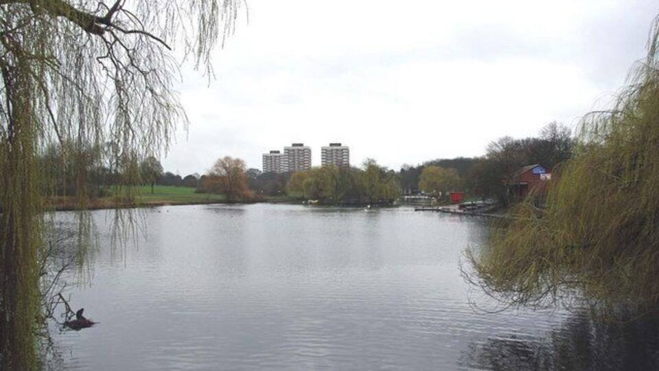 Harrow Lodge Boating Lake Looking back across the boating Lake in Harrow Lodge Park http://www.havering.gov.uk/index.aspx?articleid=4470 towards Uphavering, Parkview and Overstrand Houses.