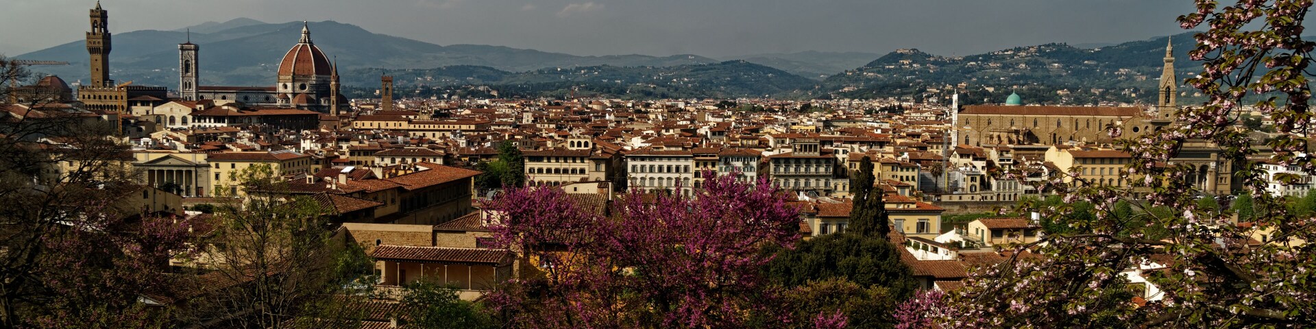 Vista panorâmica de uma cidade com arquitetura histórica, incluindo uma cúpula imponente e torres, emoldurada por montanhas e céu claro.