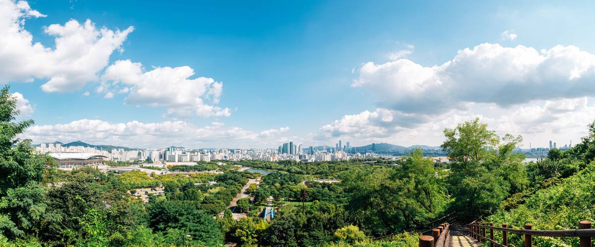 Panoramic view of Seoul city and green forest from Sky park in Korea