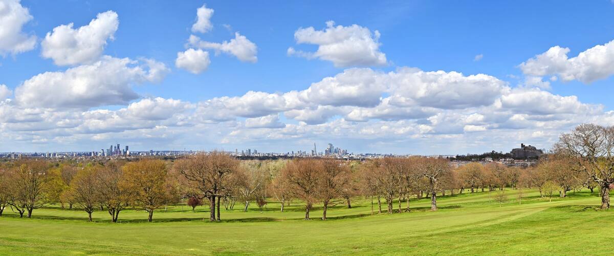 Panorama of London seen from Sydenham Hill in Dulwich. L-R: Croydon, Elephant and Castle, and City of London. Trees, grass, blue sky and clouds.