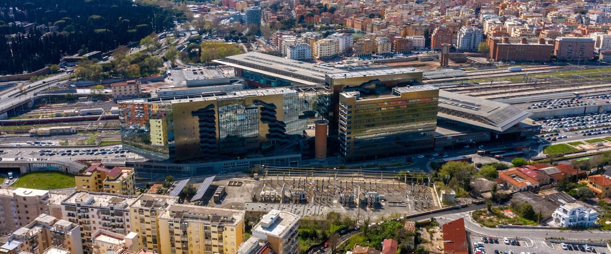 Aerial view of Roma Tiburtina, the second largest railway station in Rome, Italy. The train station is located in the north-eastern part of the city.