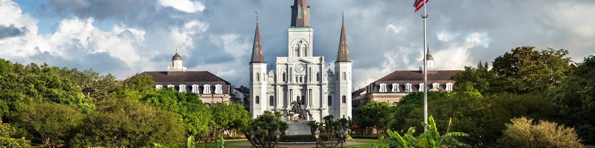Historic St. Louis Cathedral panorama and the statue of Andrew Jackson across Jackson Square in New Orleans Louisiana USA