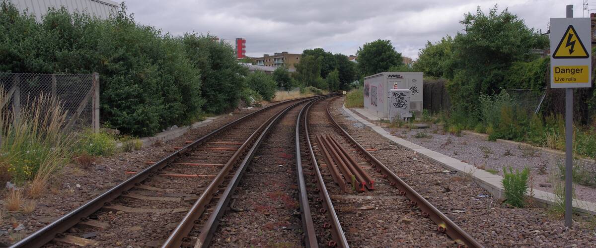 Looking north along the North London Line from Bollo Lane in Acton, towards South Acton railway station.