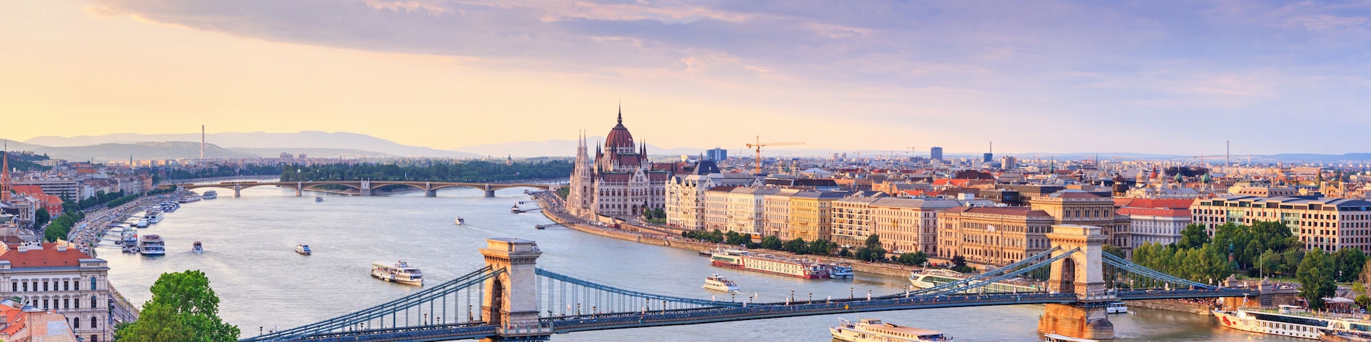 City summer landscape, panorama, banner - top view of the historical center of Budapest with the Danube river, in Hungary