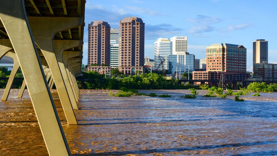 A river under a bridge with a city skyline in the background.