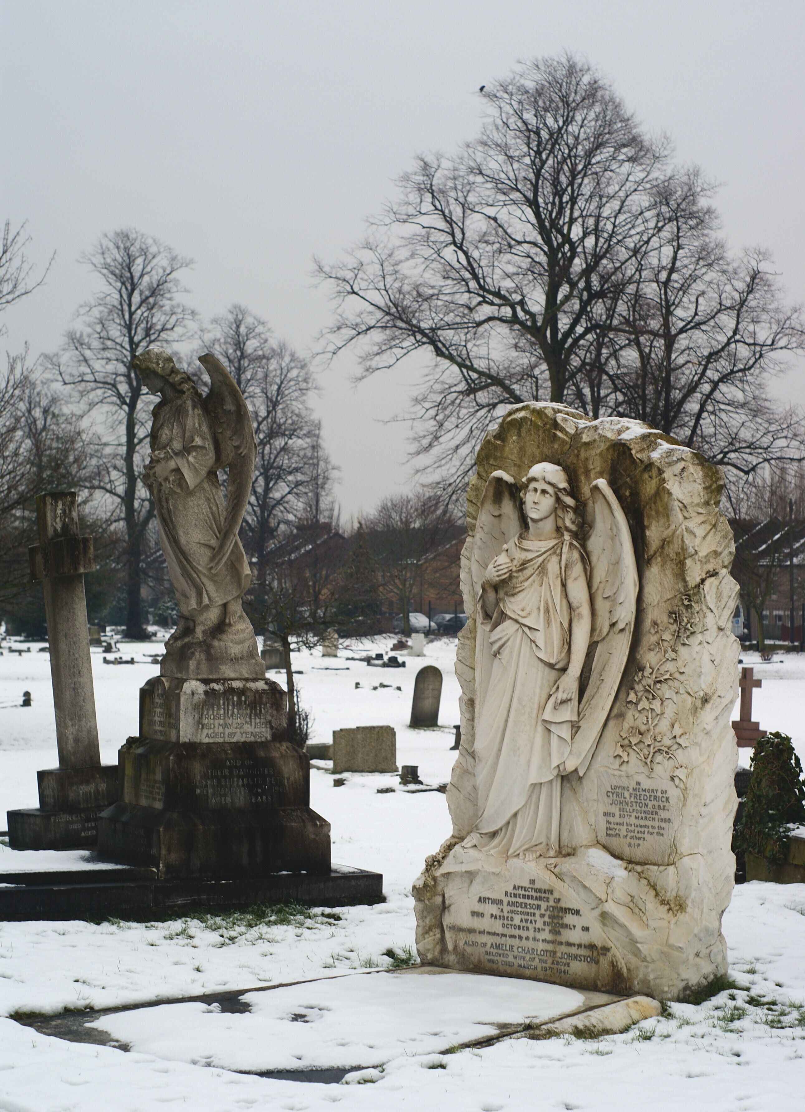Queen's Road Cemetery, Croydon, in Winter (3) The decorative gravestone, in the foreground, belongs to the Johnston family, of Croydons Gillett & Johnston bell foundry. The inscription, to the right, reads as follows: In loving memory of Cyril Frederick Johnston O.B.E., Bellfounder. Died 30th March 1950. He used his talents to the glory of God and for the benefit of others. R.I.P.  Between the two World Wars, Croydons famous bell foundry of Gillett & Johnston, was probably one of the most prolific in the world. Possibly the most famous bell, cast in this foundry, was Berlins Freedom Bell. The foundry, having been empty for many years, was demolished in the late 1990s (some of the rubble forming the foundations to a terrace in my garden!). It was replaced by a large self-storage unit.