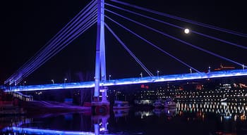 Tyumen, Russia, on April 15, 2020: The pedestrian cable-stayed bridge in Tyumen at night