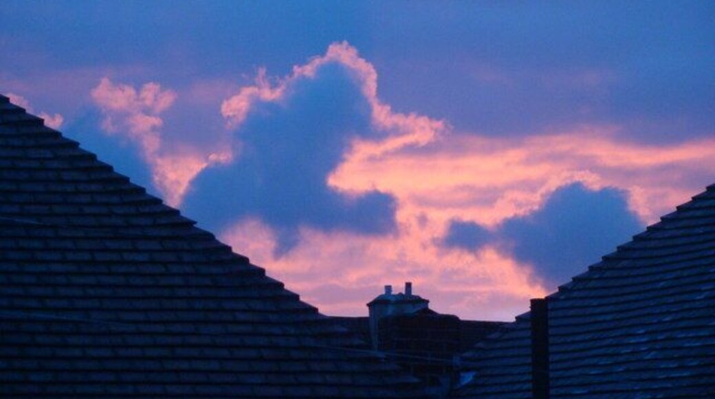 Red sky at night, shepherd's delight... How true that is I can't say, because I don't remember there being any sunny weather the next day! Anyhow, this pleasant sunset over Valentines Park makes an interesting sight, since the sky is mostly dull and grey, and yet we still have the colours of sunset peeking through! This was taken between the rooftops of numbers 17 and 19 Middleton Gardens - the concrete chimney in the background being one on the rear of a Perth Road house - looking south-south west towards Valentines Park.