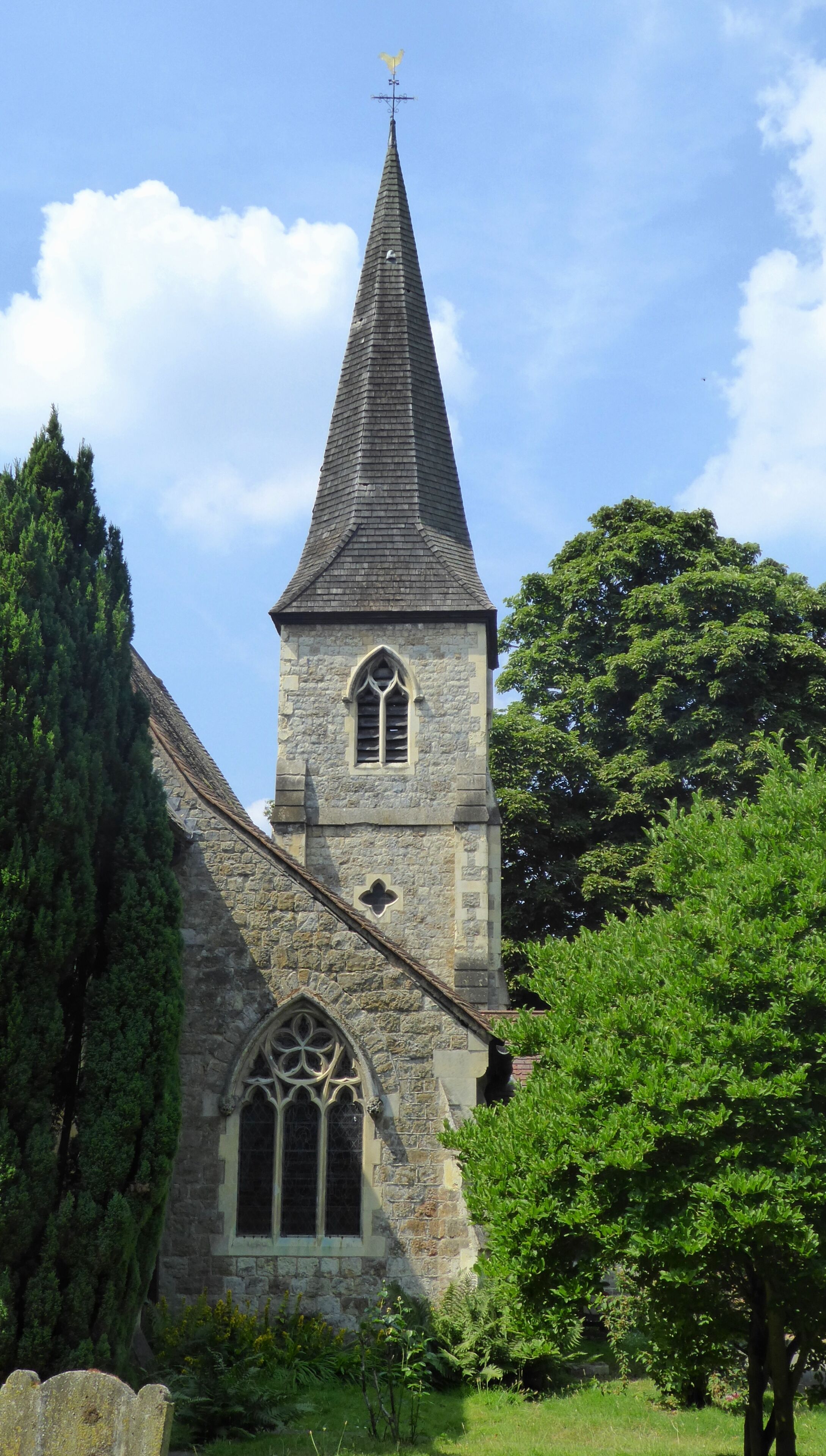 The tower of St James' Church, North Cray, as seen from the east.