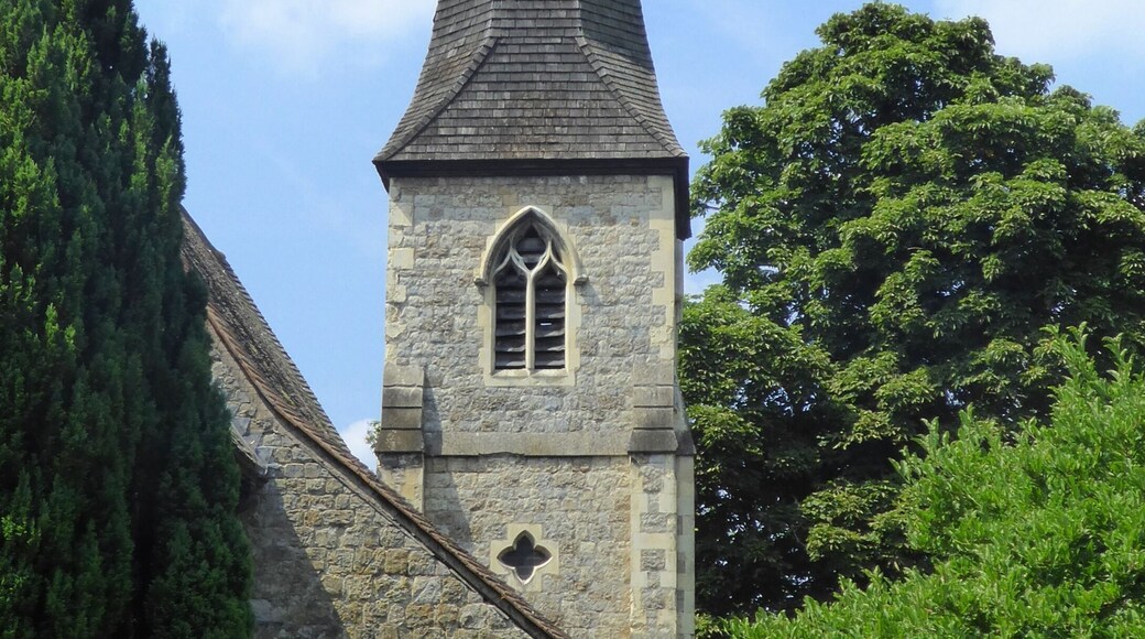 The tower of St James' Church, North Cray, as seen from the east.