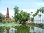 A pagoda, lotus ponds, palm trees, and a calm body of water.
