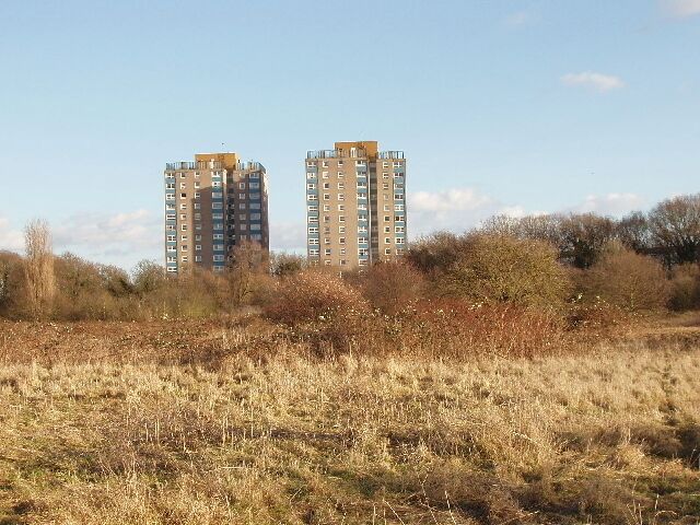 Flats by Hounslow Heath. The flats are near Hanworth Road. Photo taken looking east in afternoon sunshine from the London Loop path across the heath.