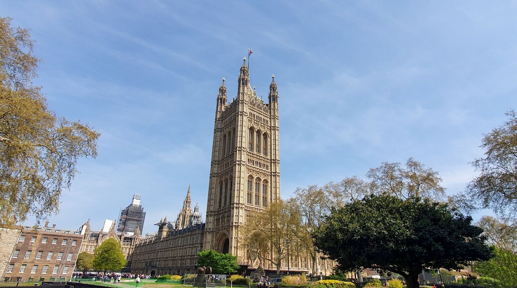 Houses of Parliament London UK view from Abingdon Street Gardens