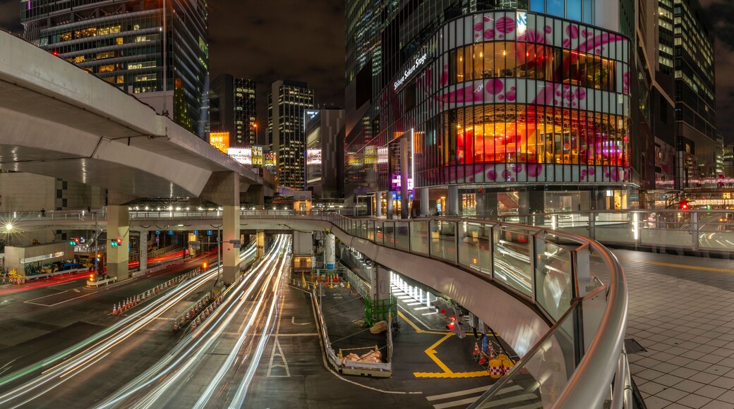 View of buildings and trail lights around Shibuya Station area at night, Shibuya District, Kamiyamacho, Shibuya City, Tokyo, Honshu, Japan