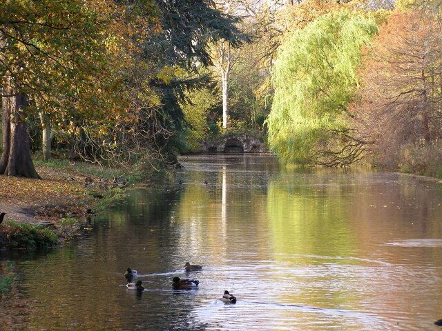 Valentines Park - upper lake Looking at the false bridge by the entrance to Valentines Park near Gants Hill, from the first bridge over the lake.