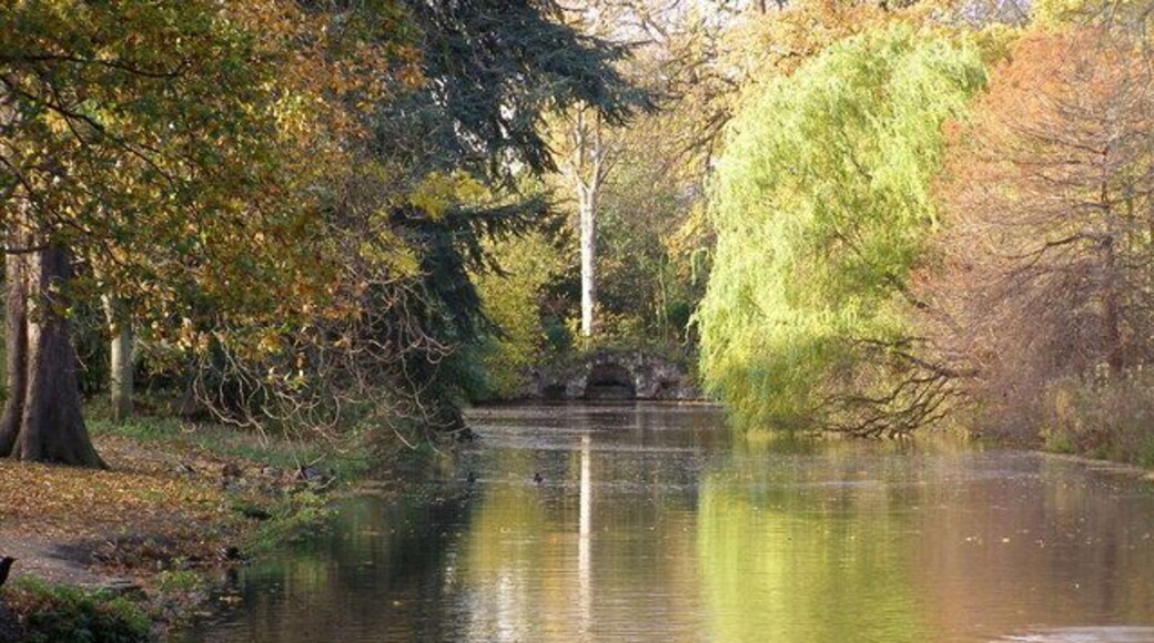 Valentines Park - upper lake Looking at the false bridge by the entrance to Valentines Park near Gants Hill, from the first bridge over the lake.
