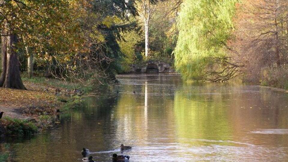 Valentines Park - upper lake Looking at the false bridge by the entrance to Valentines Park near Gants Hill, from the first bridge over the lake.
