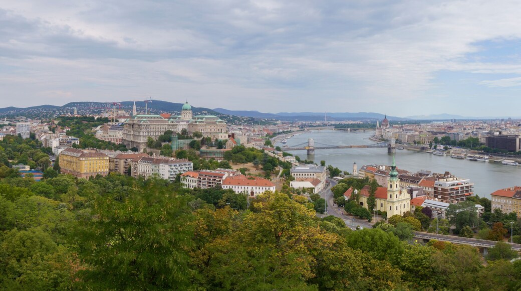 Panorama of Budapest, Hungary on summer's day with a clear cityscape view which includes the tower of Fisherman's Bastion and green trees. Parliament of Hungary and River Danube - 2022