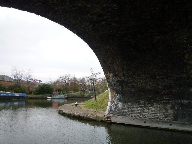 Bulls Bridge, Grand Union Canal - taken from beneath the bridge Bulls Bridge (built 1801) spans the entrance to the Paddington Arm linking Paddington to Uxbridge. It was begun in 1801 and was joined to the main canal at Bulls Bridge in 1805.