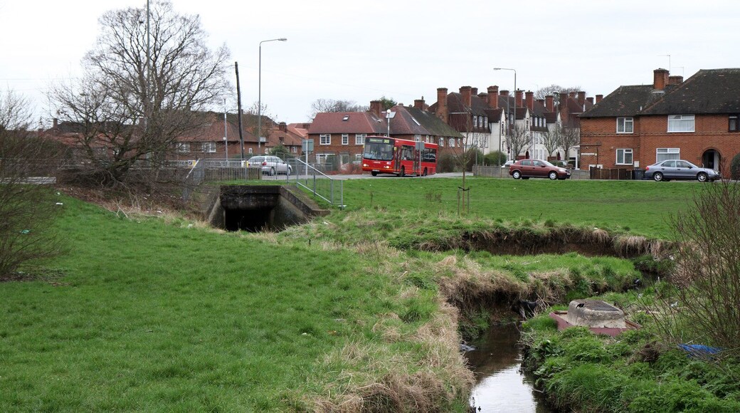 Burnt Oak Brook, Data from Geograph: Description: Looking at the point where it passes under Deansbrook Road. A 303 bus makes its way along the road on route to Asda's in Colindale from Edgware. In London terms this is a young route, only commencing in 1992. The Burnt... more ICBM: 51.610247800282, -0.26061429525287 Location: (about 1 km from) near to Edgware, Barnet, Great Britain.