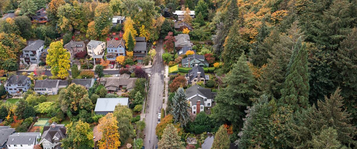 Aerial drone view of Northwest Portland, Oregon, showing Forest Park, Nob Hill, and Willamette Heights with greenery, homes, and industrial areas along the Willamette River