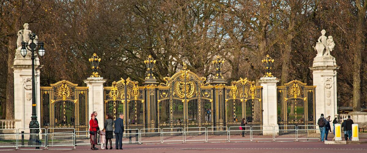 Royal Crest at Buckingham Palace Gate in London, United Kingdom