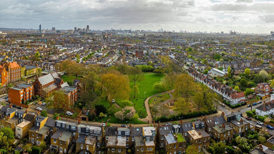 Aerial view of houses in Chiswick, a leafy London suburb with a village feel