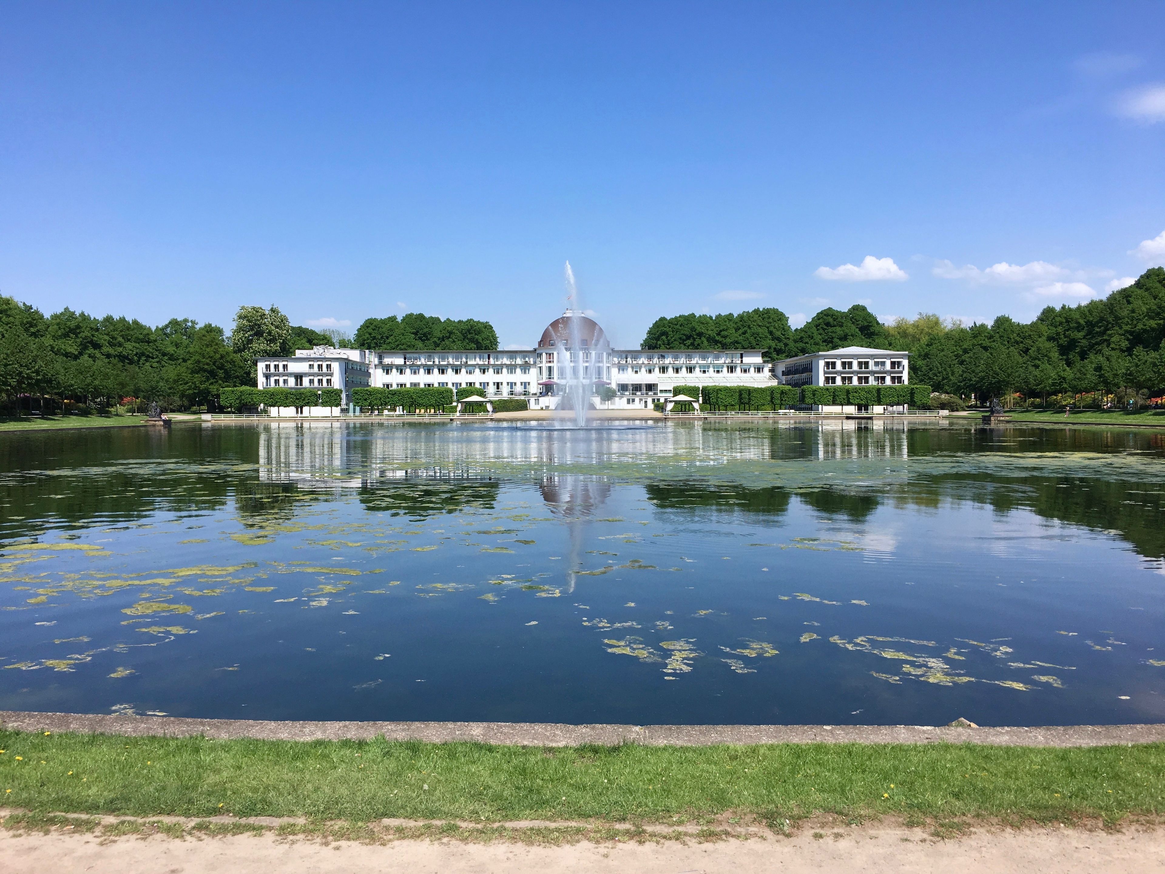 A large building with a fountain in the center, surrounded by a lake with lily pads and a grassy area in the foreground.
