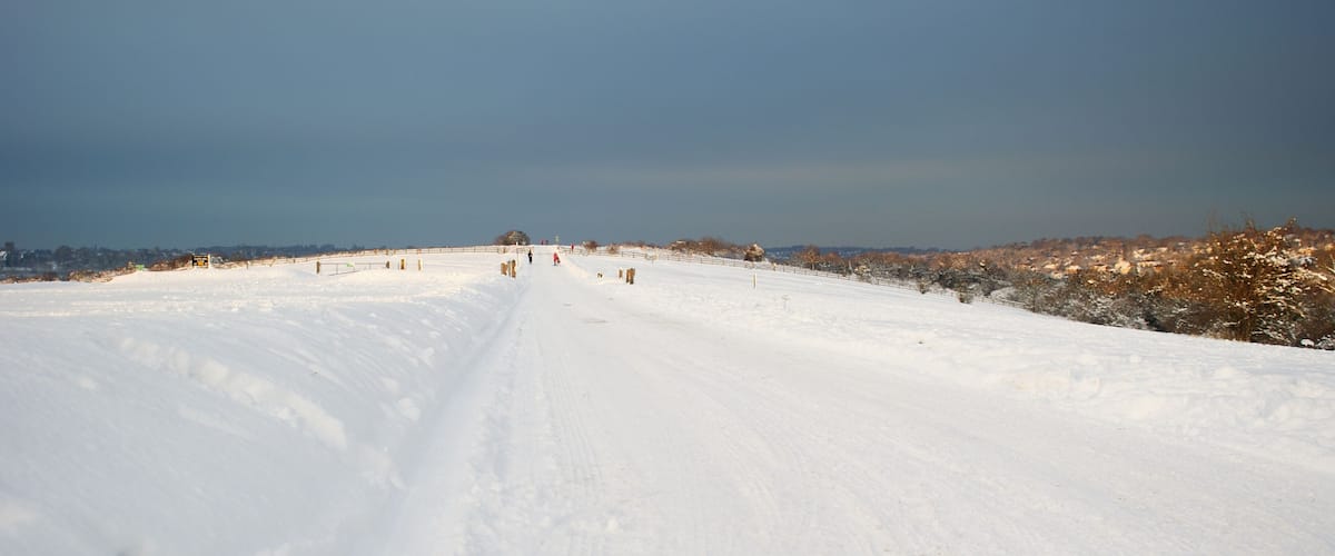 Fun in the Snow In the distance, families, complete with sledges, are making the most of the snow on the top of Farthing Downs, Surrey.