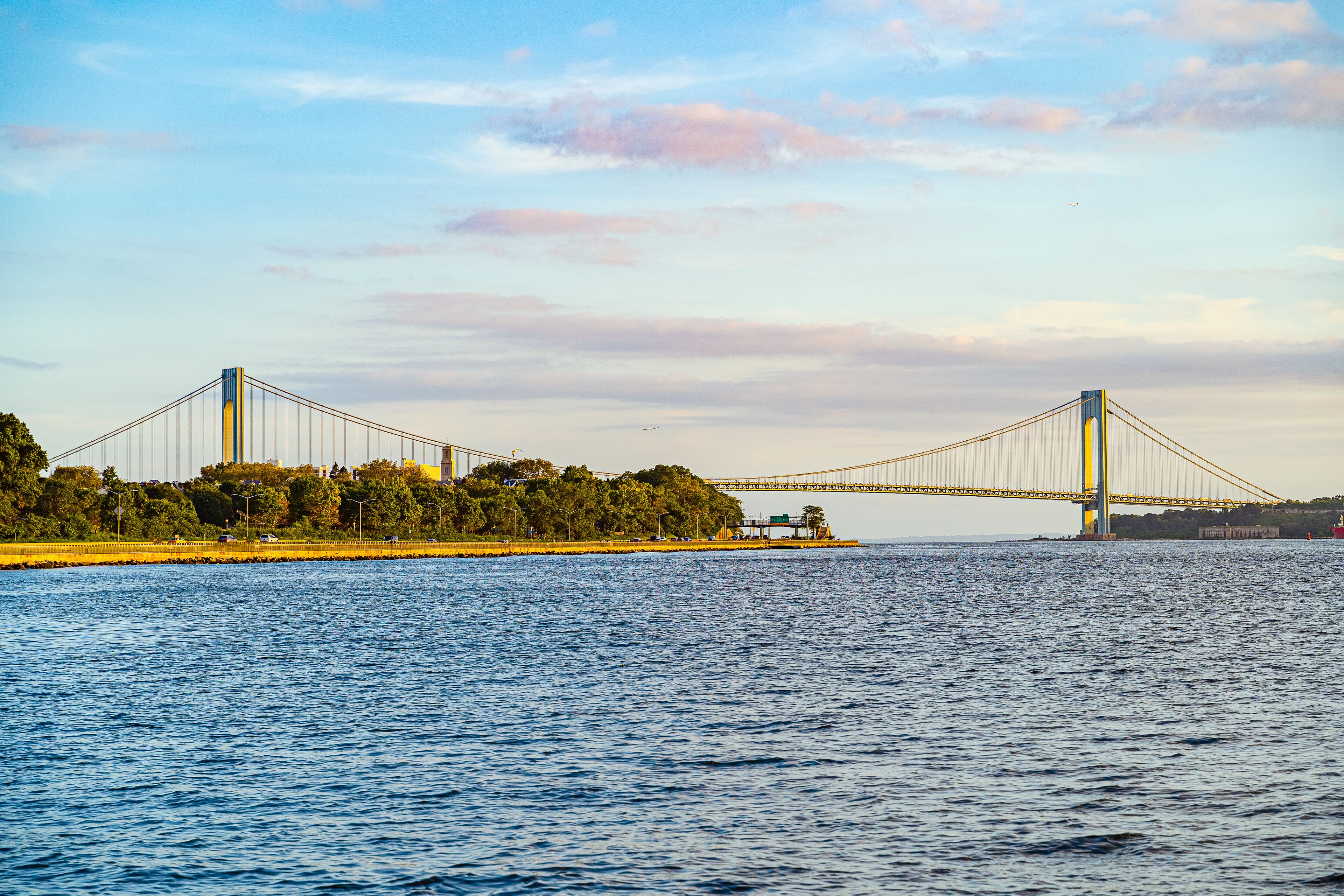 Beautiful waterfront, sky and clouds view of Gravesend Bay in Brooklyn, New York